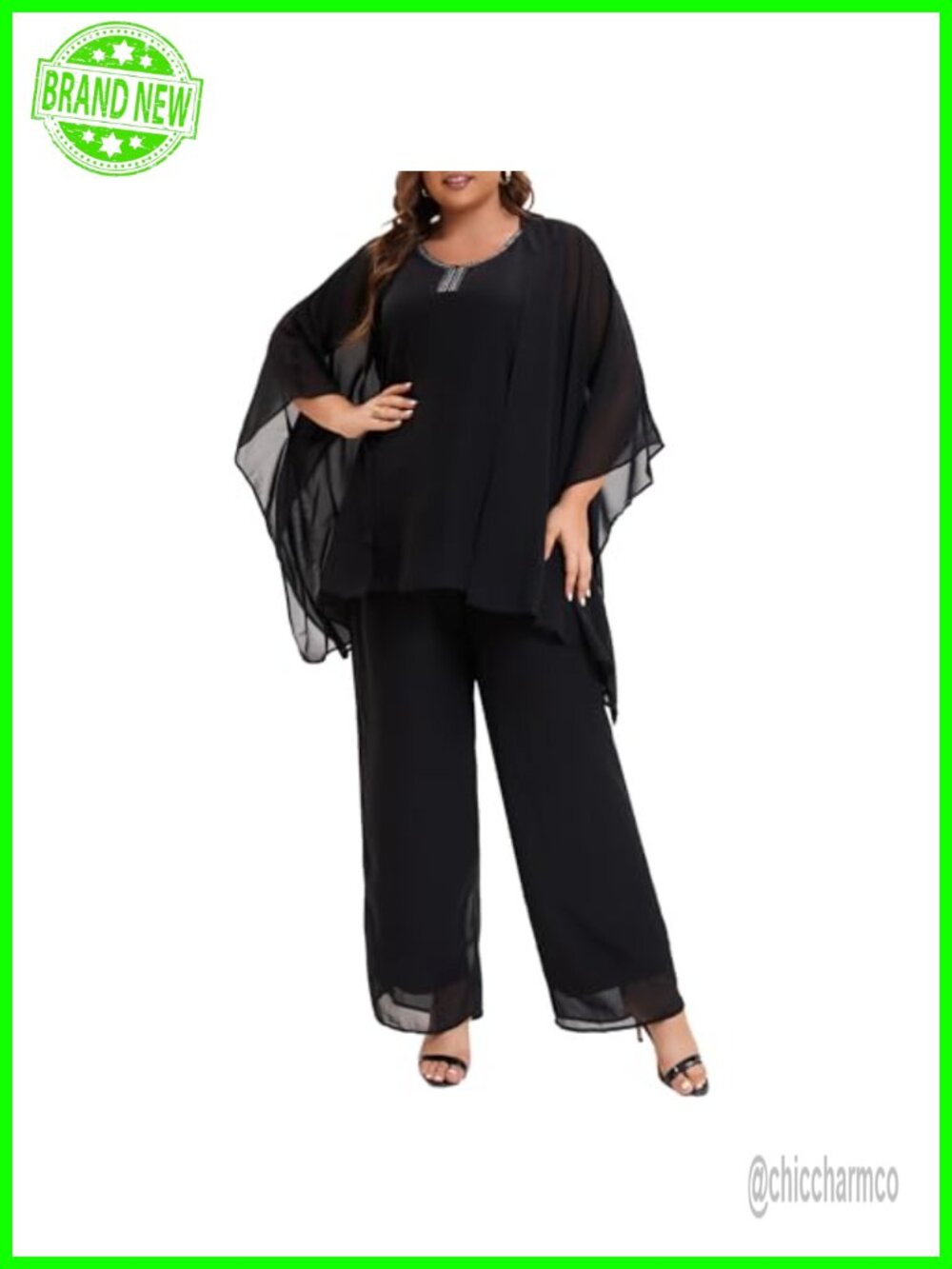 Plus Size Chiffon Pant Suit Set 3 Piece Sequin Wedding Guest Outfit